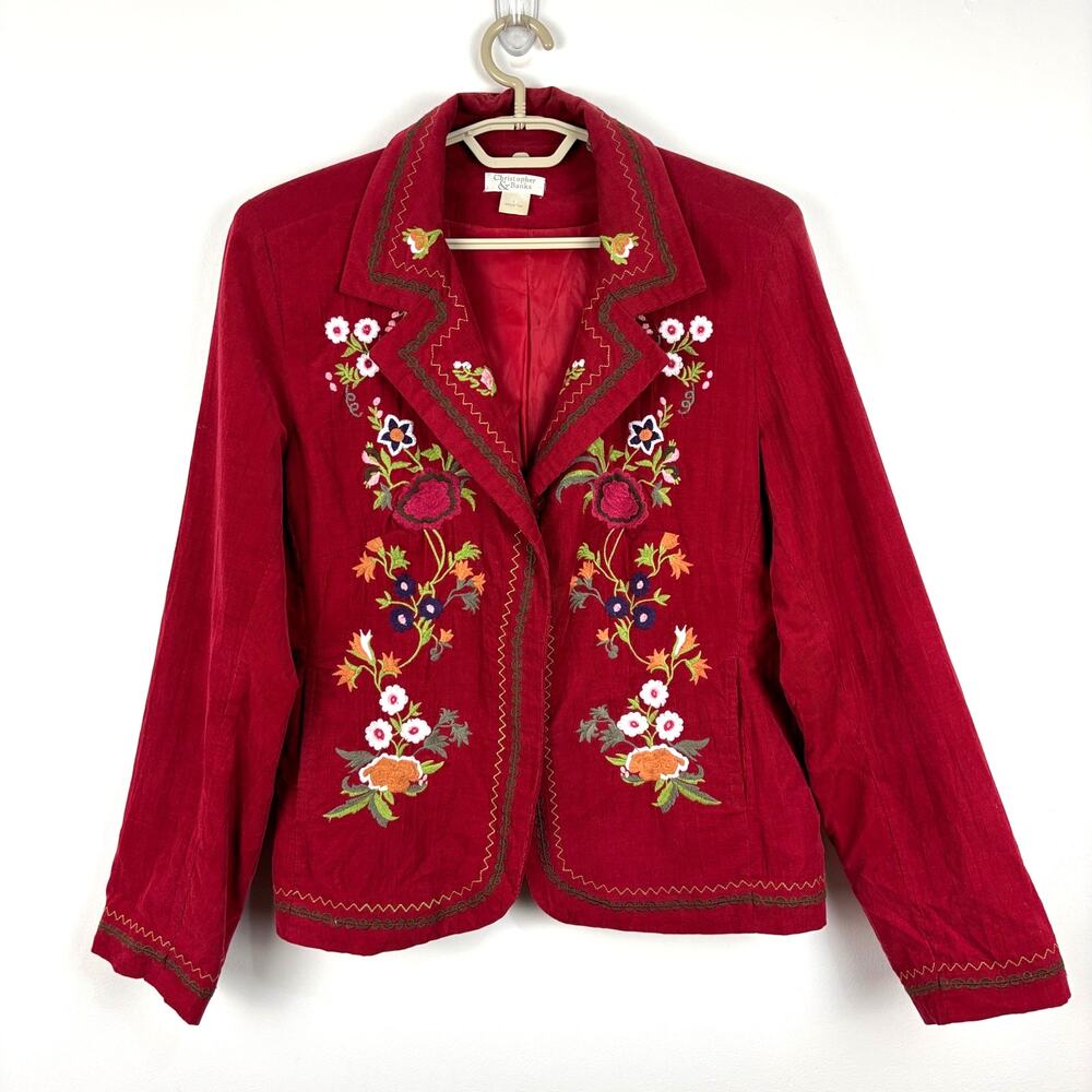 Vintage Y2K Floral Embroidered Red Corduroy Blazer Jacket Large boho hippie